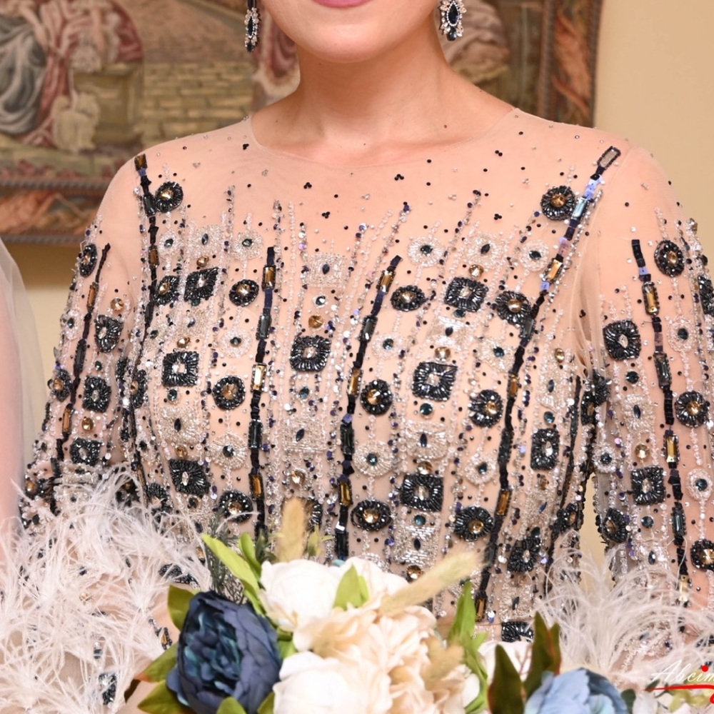 Cream Sequin Embellished Long Sleeve Gown - Picture 8 of 9
